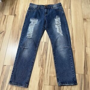 POL DENIM Women's Sz M Relaxed Straight Leg Destroyed Jeans 32x29 Distressed
